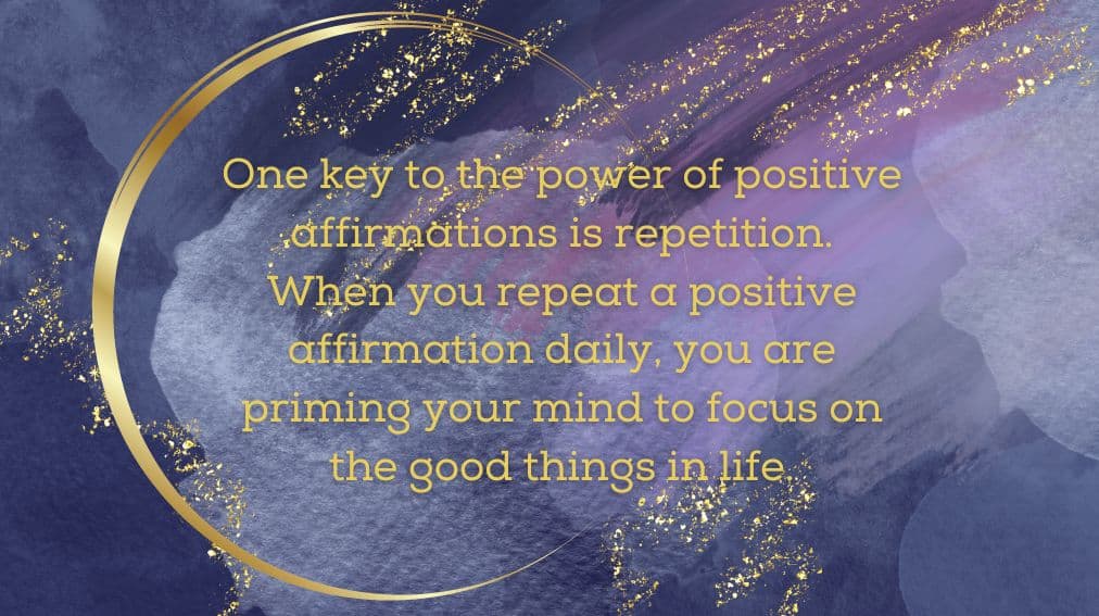 a whimsical graphic with a message about the importance of repeating positive affirmations daily