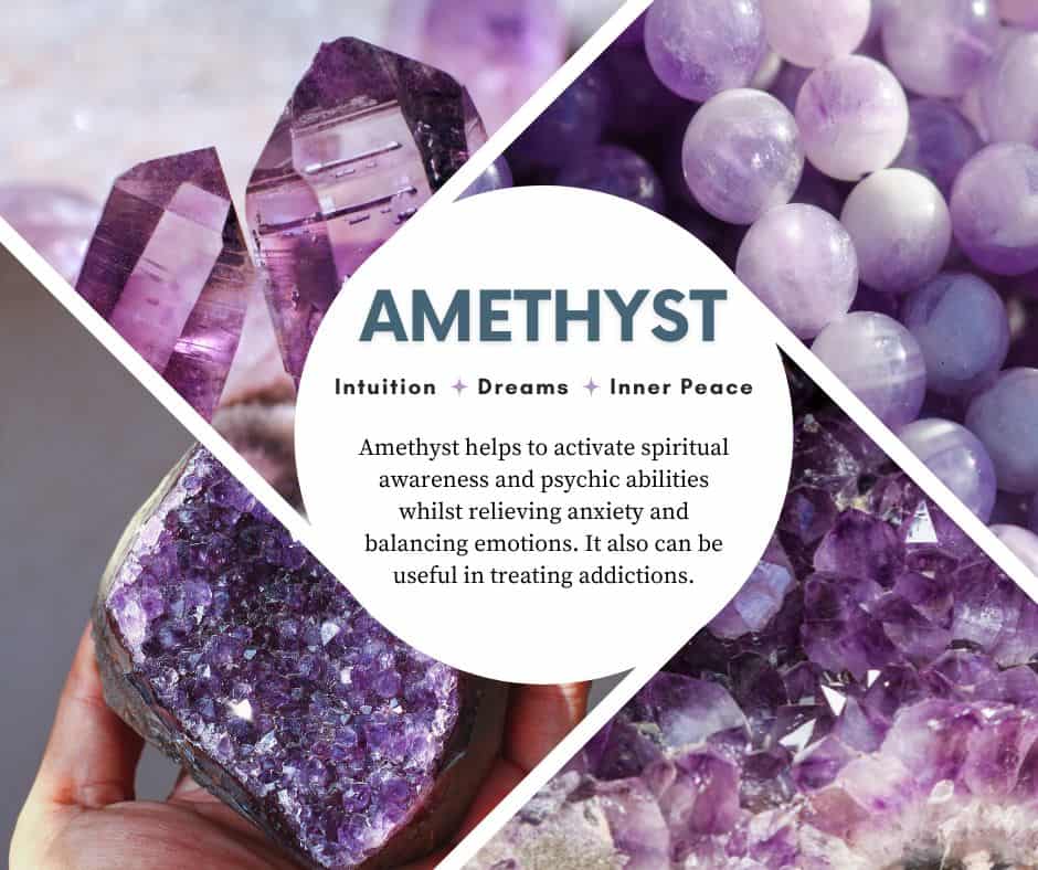 A picture with 4 different types of the crystal Amethyst and a description of its benefits and how it can help with stress