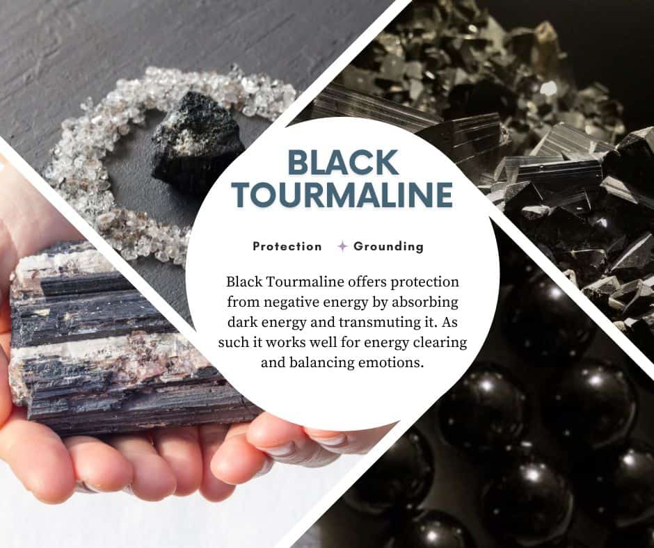 A picture with 4 different types of the crystal Black Tourmaline and a description of its benefits and how it can help with stress