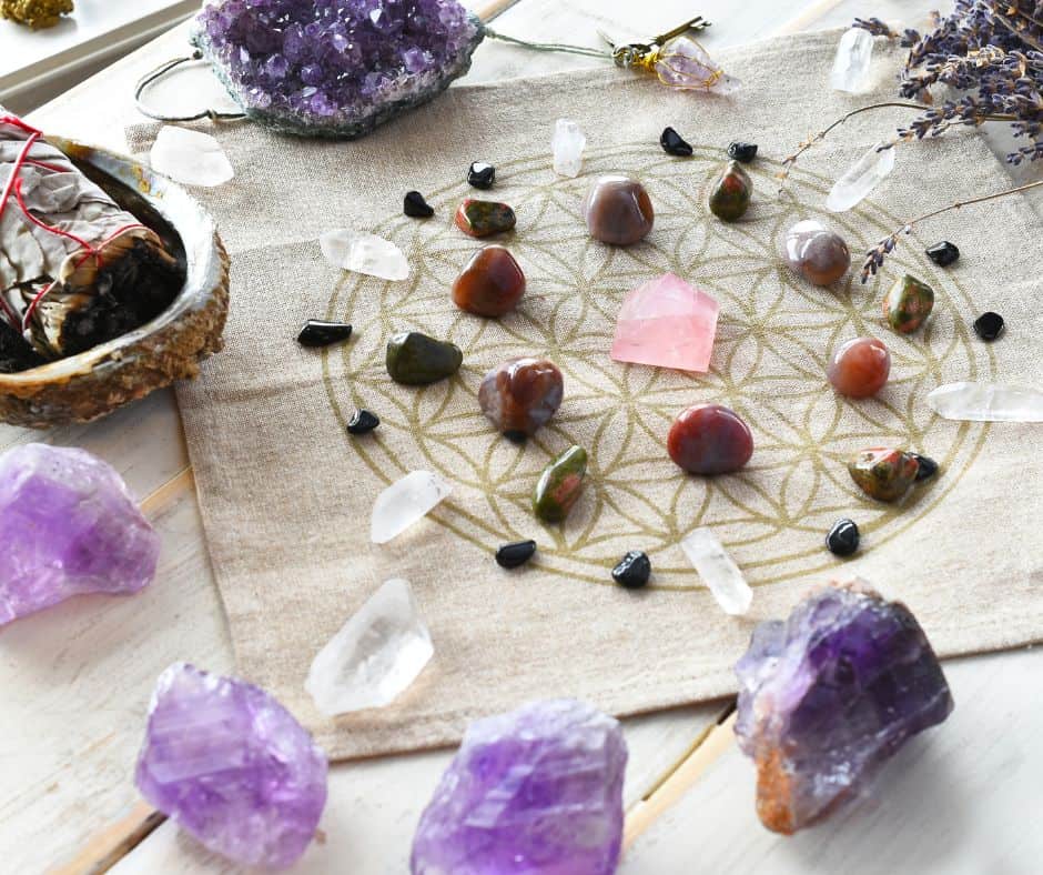 A picture of healing crystals on a crystal grid