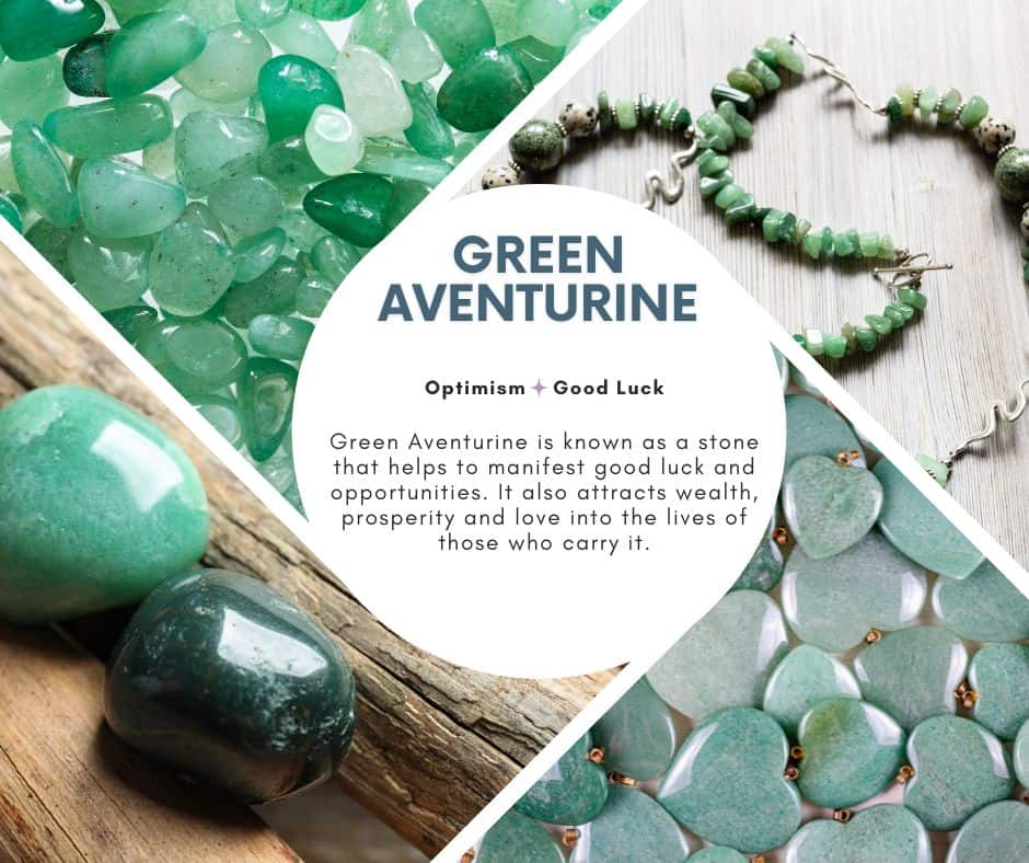 A picture with 4 different types of Aventurine crystal and a description of its benefits and how it can help with stress