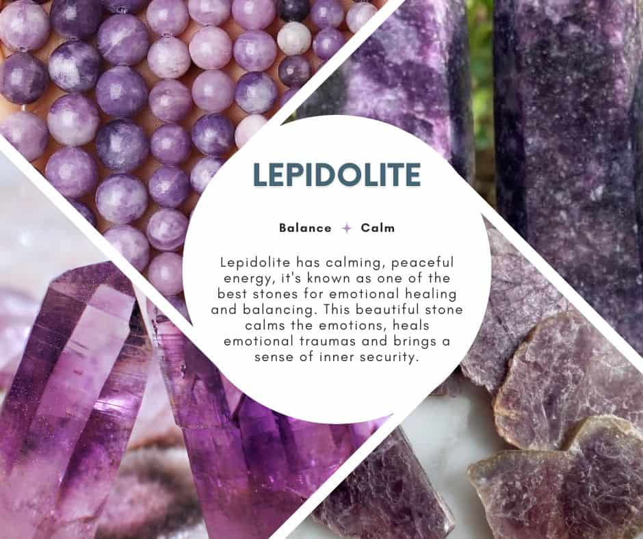 A picture with 4 different types of Lepidolite crystal and a description of its benefits and how it can help with stress