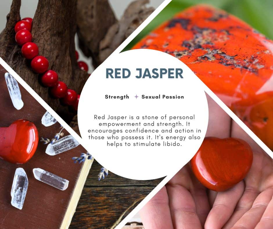 A picture with 4 different types of Red Jasper crystal and a description of its benefits and how it can help with stress
