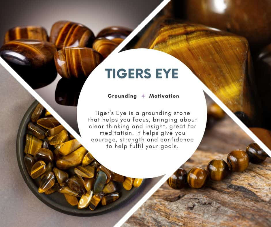 A picture with 4 different types of Tigers Eye crystal and a description of its benefits and how it can help with stress